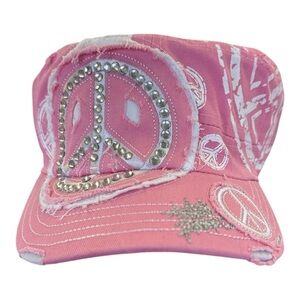 Light Pink Rhinestone Peace Sign Distressed Y2K Cap